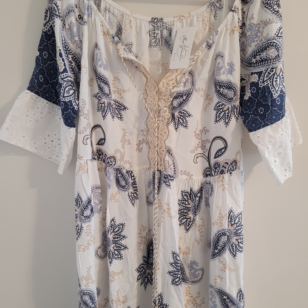Italian Navy and White Paisley Boho Dress, XL - European summer travel comfort